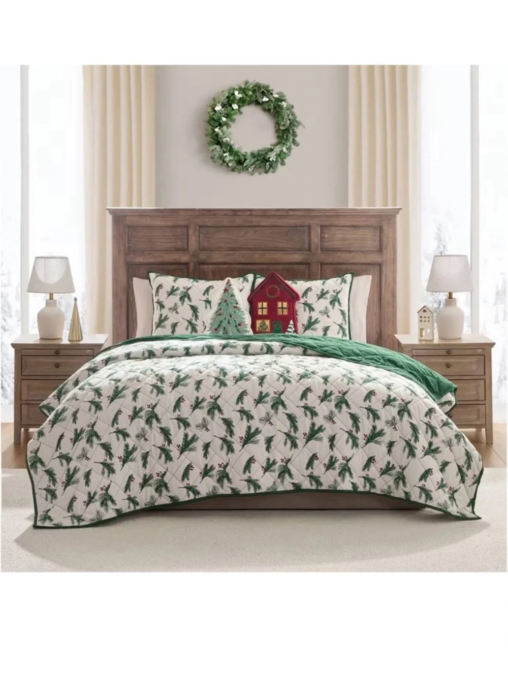 Holiday Pine & Berry Reversible Flannel Queen Set Green/White/Red ~ Festive